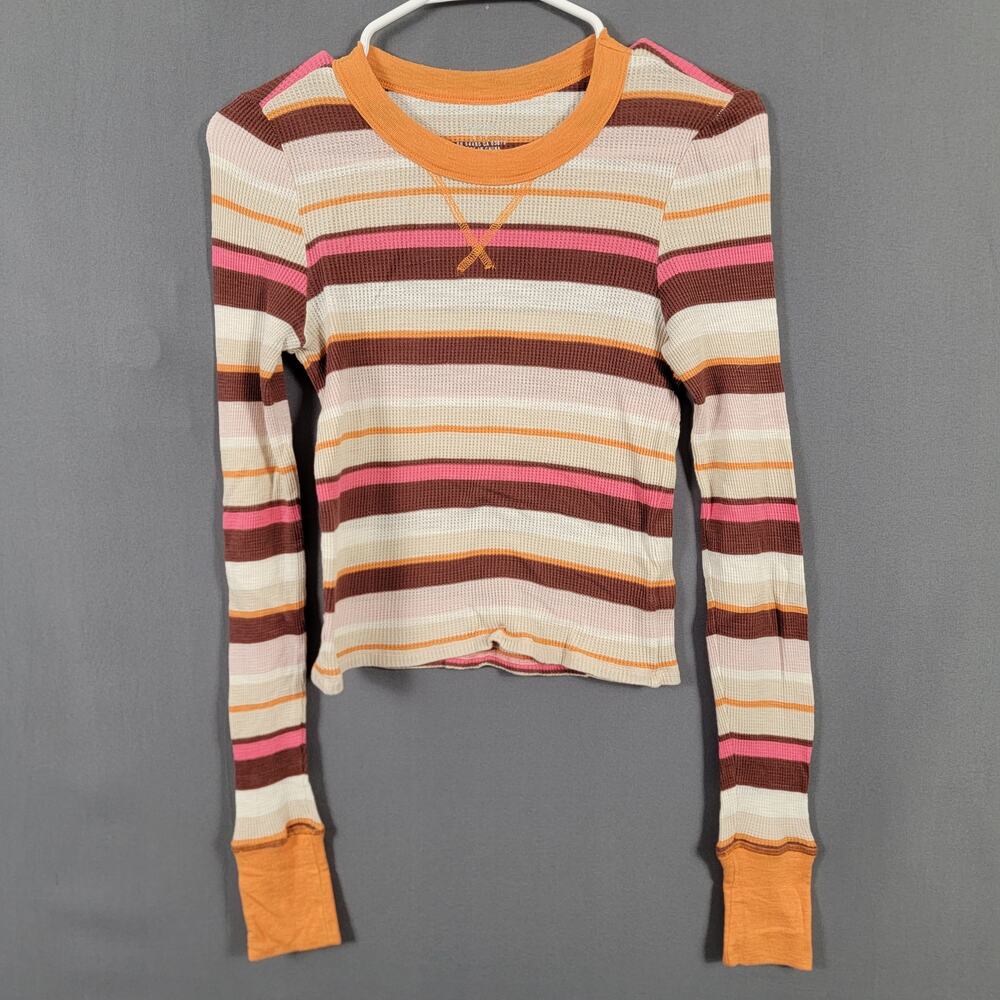 Aerie Waffle Knit Thermal Top Multicolor Stripe Long Sleeve Retro Fit